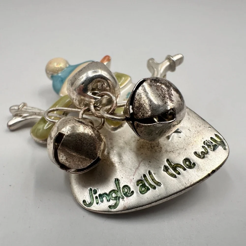 Vintage 90s Snowman Brooch Set Jingle‎ All The Way Bells Christmas Holiday Pins